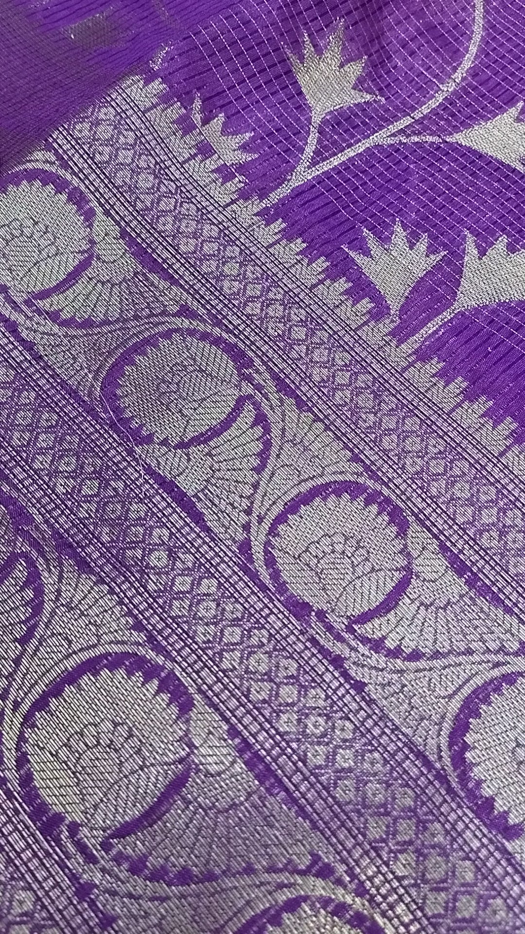 Purple Glass Check Banarasi Saree – Forest Jaal & Dual Border